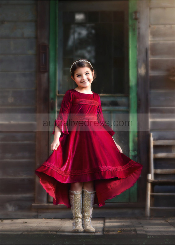 Burgundy Velvet Lace Trim Flower Girl Dress Christmas Dress